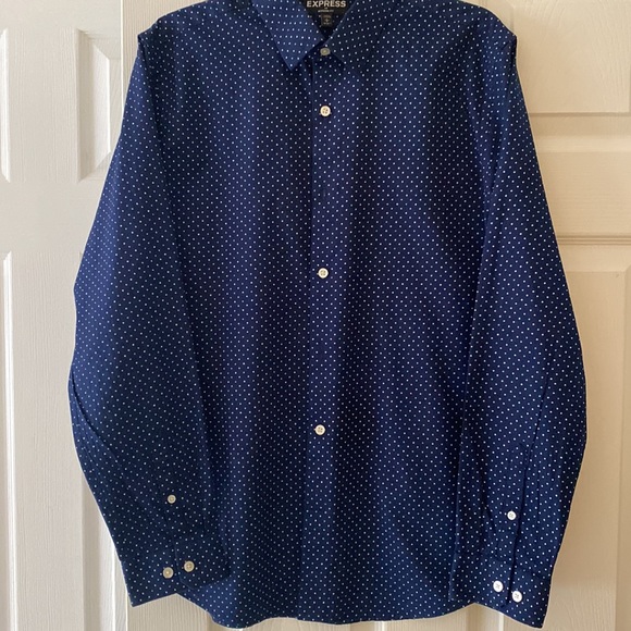 Express long sleeve shirt navy with white/teal dots size 16-16 1/2 - Picture 2 of 5